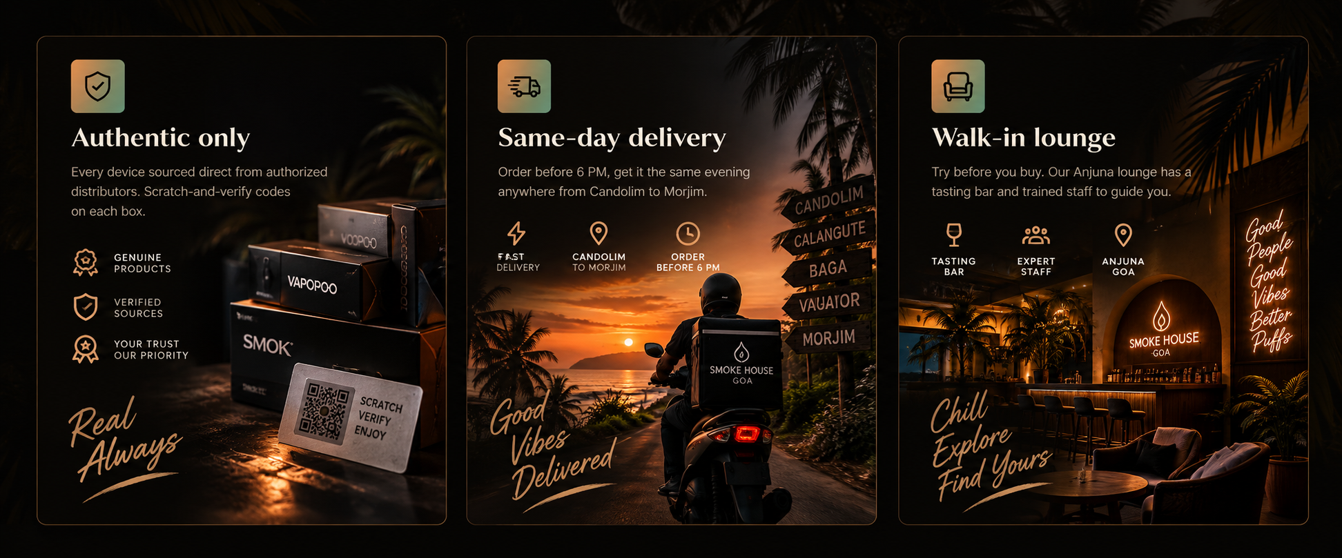 Goa Smoke House promise: authentic products, same-day delivery across Goa, and a walk-in lounge at Anjuna