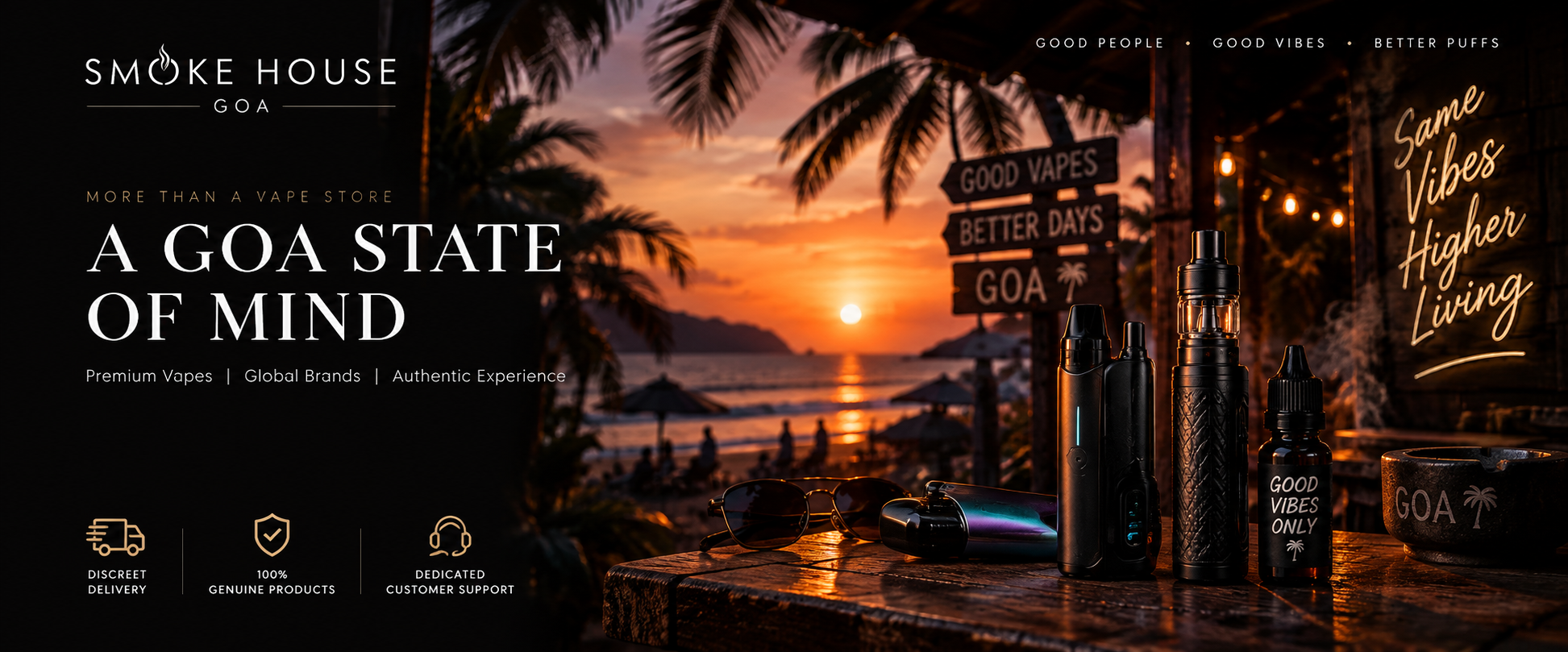 Goa Smoke House premium vapes at a Goa beach sunset
