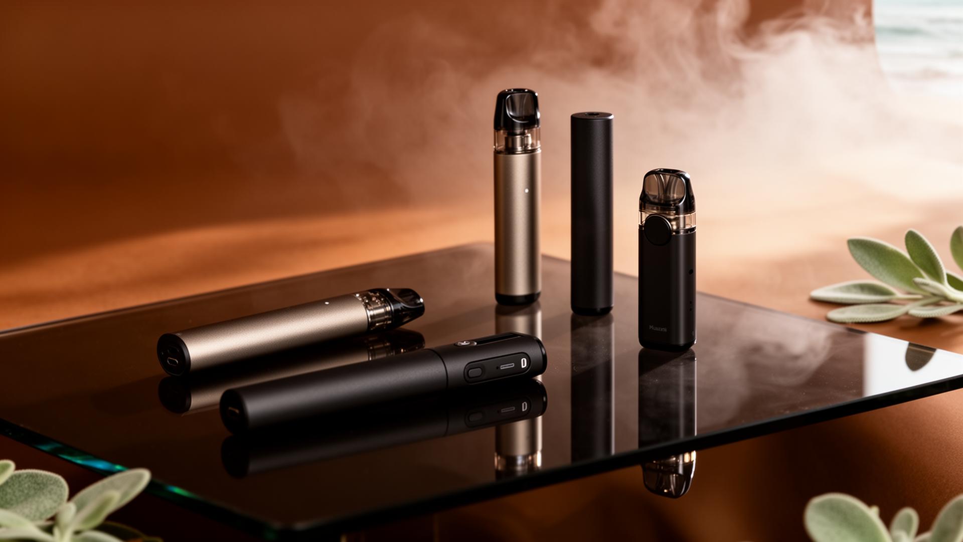 Premium pod kits and vape devices arranged on smoked glass