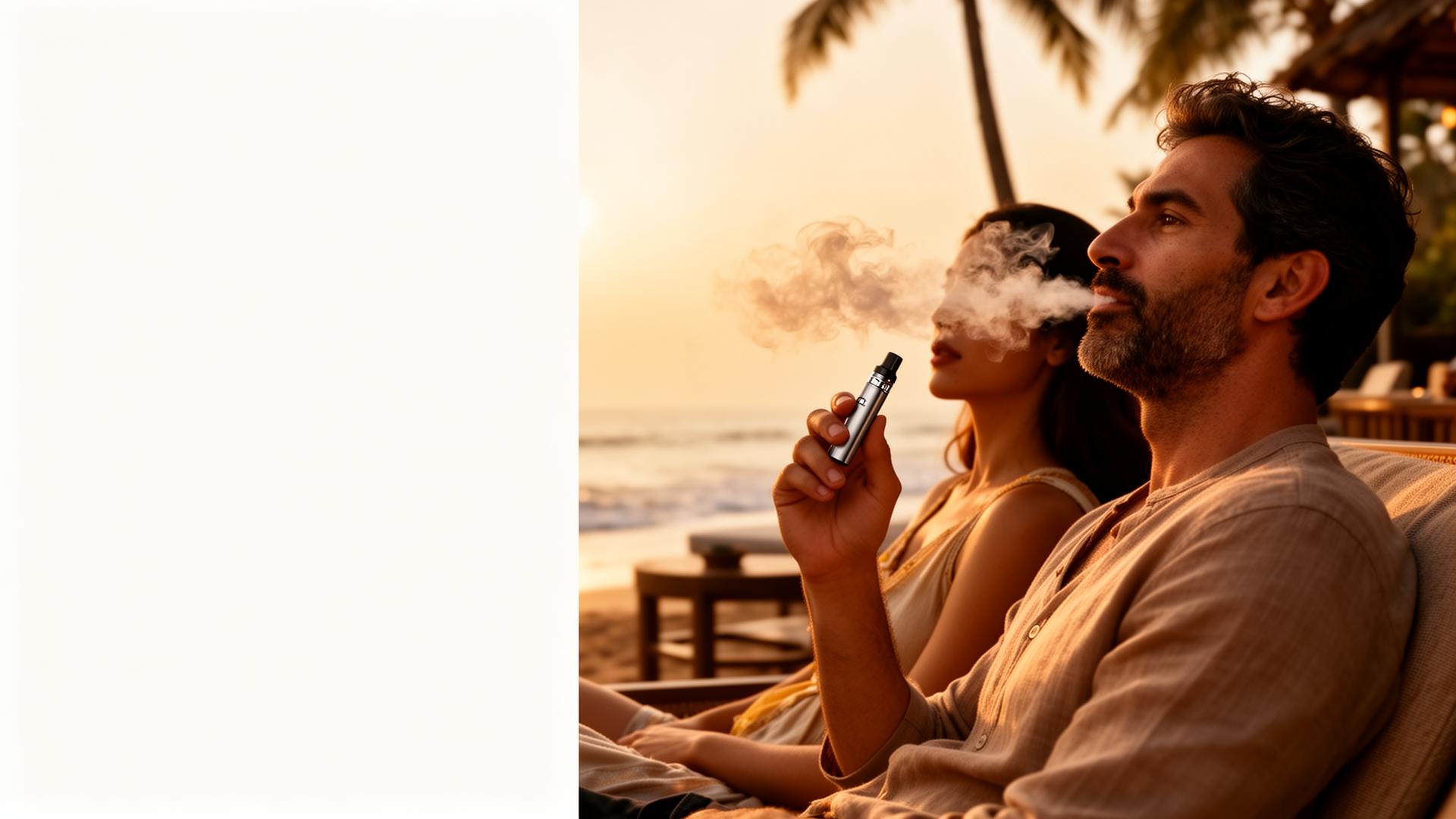 Adults relaxing at a Goa beach lounge with a vape at sunset